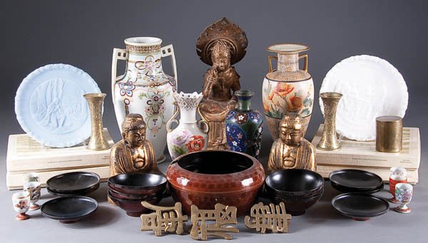 A VINTAGE ASIAN DECORATIVE ARTS GROUP, mostly ear: A VINTAGE ASIAN DECORATIVE ARTS GROUP, mostly early 20th century, consisting of a Chinese cloisonné vase, three cast Buddhas, three Nippon vases (some losses), a pierced brass handled coal bucket, a 