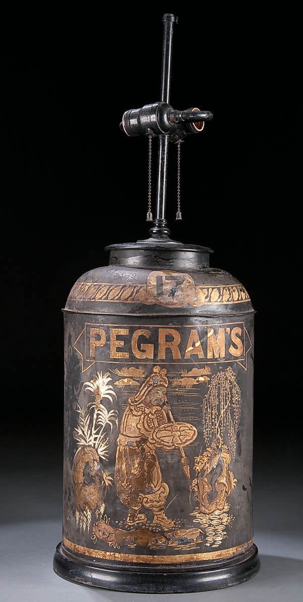 A PEGRAM'S #17 JAPANNED TIN TEA CANISTER English: A PEGRAM'S #17 JAPANNED TIN TEA CANISTER English 19th century. With chinoissere gilt scenic decoration and lettering, mounted as a table lamp. Height of canister 16 inches, total height 27 inches. Est