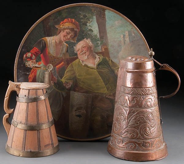 A LARGE LEMP ST. LOUIS BREWING ''FALSTAFF'' LITHO: A LARGE LEMP ST. LOUIS BREWING ''FALSTAFF'' LITHOGRAPH ADVERTISING TRAY early 20th century. Depicting the German Baron Falstaff. Together with a large 19th century embossed copper tankard and a wooden