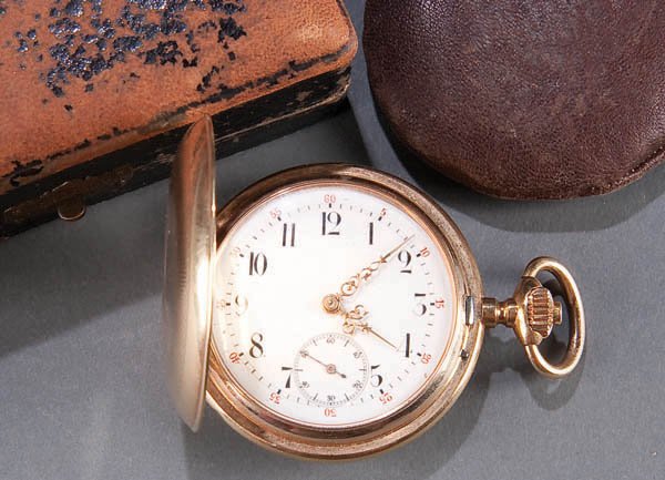 A GERMAN GOLD HUNTING CASE POCKET WATCH, late 19t: A GERMAN GOLD HUNTING CASE POCKET WATCH, late 19th century, the case halves stamped .585, contained in a ''Friedrich Stoffers'' marked fitted case, diameter 2 inches. Estimate $400-$600
