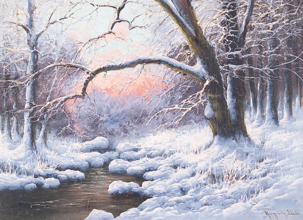 LASZLO NEOGRADY (Hungarian 1900-19620) Winter Str: LASZLO NEOGRADY (Hungarian 1900-19620) Winter Stream at Dusk Oil on canvas Signed lower right 24 inches x 32.5 inches (61 x 82.5 cm). Unframed Estimate $1,500-$2,500