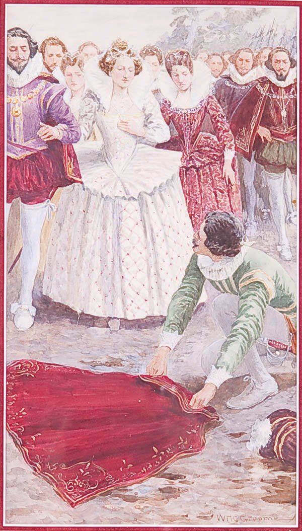 WILLIAM HENRY CHARLES GROOME (British fl. 1881: WILLIAM HENRY CHARLES GROOME (British fl. 1881-1914) Sir Walter Raleigh Pulling His Cloak Out for Elizabeth I - circa 1880 Watercolor Signed lower right 12.75 inches x 7.5 inches (32.5 x 19 cm) Estima