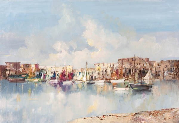 CONTINENTAL SCHOOL (20th century) View of the Har: CONTINENTAL SCHOOL (20th century) View of the Harbor - circa 1950's Oil on canvas Indistinguishably signed lower right P. Marro 27.5 inches x 39 inches (69.5 x 99 cm). Unstretched and unframed. Estima