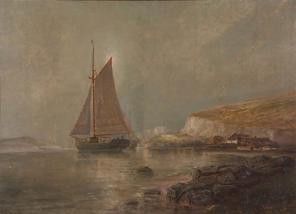 BRITISH SCHOOL (19th century) of an Eastern Europ: BRITISH SCHOOL (19th century) of an Eastern European or British Isles Loch scene with boats. Oil on canvas, indistinguishably signed lower left. 28 x 38 inches. Estimate $100-$200