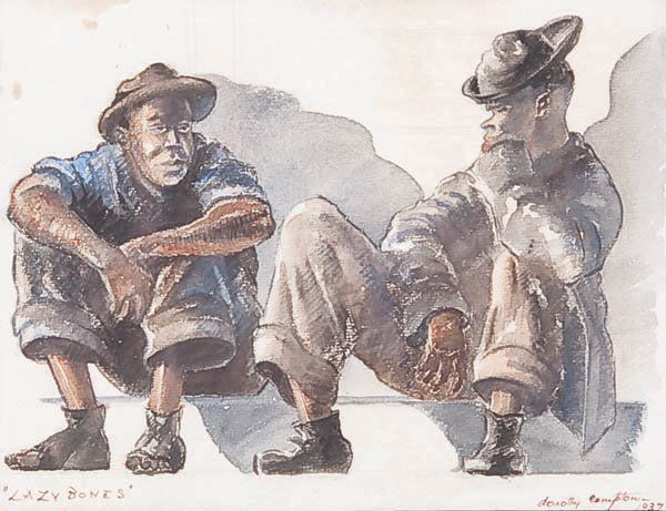 DOROTHY COMPTON (American 20th century) Lazy Bon: DOROTHY COMPTON (American 20th century) Lazy Bones- 1937 Watercolor Signed and dated lower right and titled lower left. Verso with exhibition label from 'Southern States Art League, Museum of Fine Art