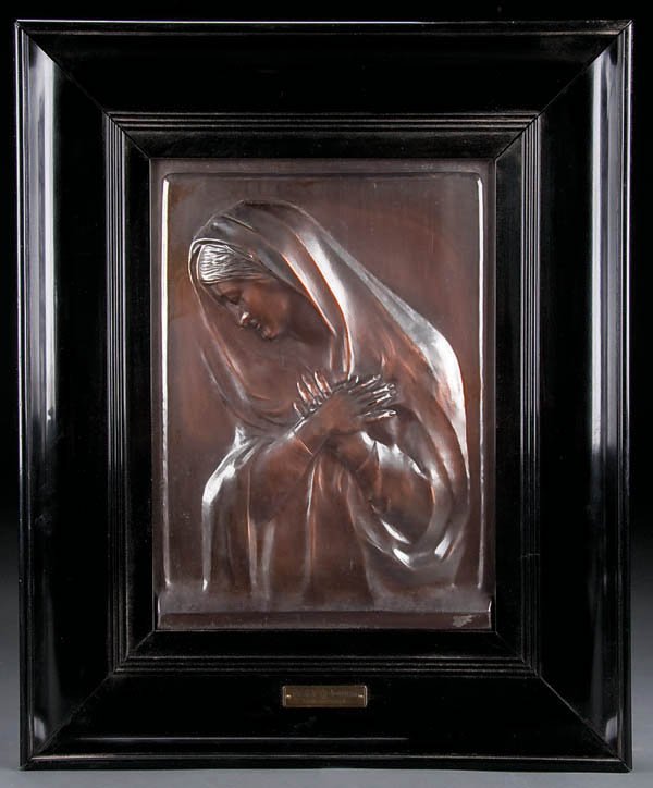 A BEAUTIFUL COPPER REPOUSSE PLAQUE of the Sorrowf: A BEAUTIFUL COPPER REPOUSSE PLAQUE of the Sorrowful Mother, German 20th century. By Professor Fugel, and contained in an ebonized wood frame. Plaque 13.5 inches x 10 inches. With frame 20.5 x 17 inche