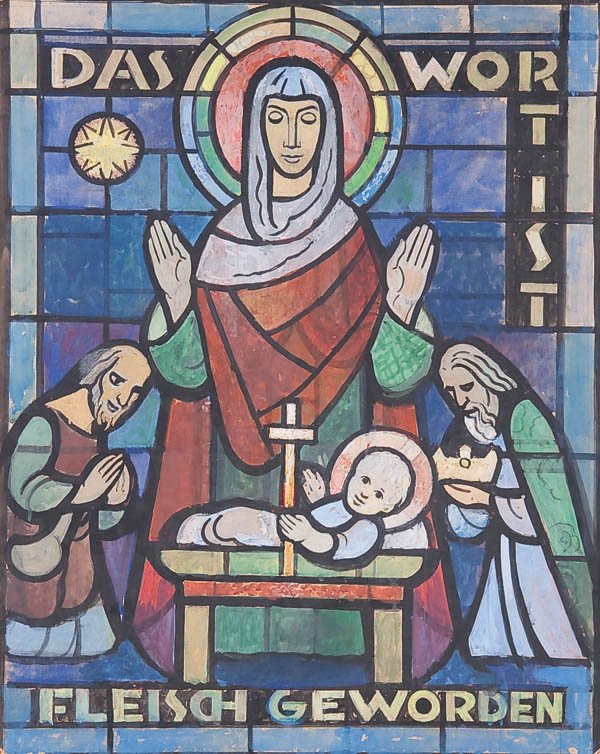 ALBERT DIEMKE (German 1880-1957) the Adoration: ALBERT DIEMKE (German 1880-1957) the Adoration of the Magi ART DECO STYLE STAINED GLASS WINDOW CARTOON (DESIGN) watercolor and gouache In German the window stained 'And the Word became Flesh' 34.5 inc