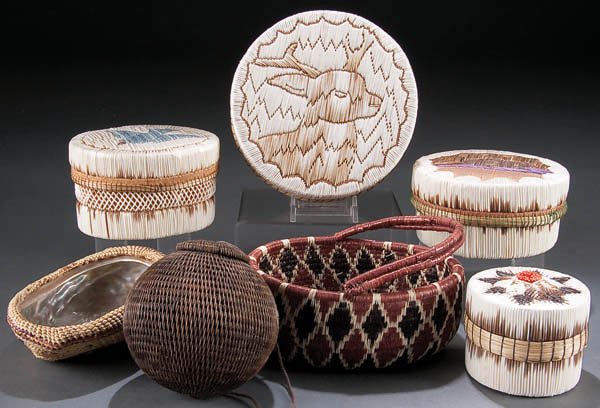 A LOT OF SEVEN CONTEMPORARY NATIVE CULTURES WOVEN: A LOT OF SEVEN CONTEMPORARY NATIVE CULTURES WOVEN AND DECORATED BOXES AND BASKETS, 4 with quill work designs on birch bark. Largest 5.75 inches in diameter. Estimate $50-$75