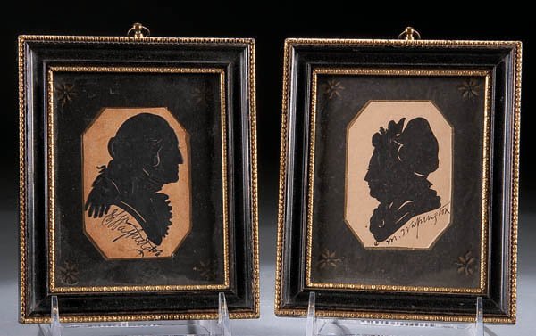 BEATRIX SHERMAN SILHOUETTES OF GEORGE AND MARTHA: BEATRIX SHERMAN SILHOUETTES OF GEORGE AND MARTHA WASHINGTON (early 20th century) signed on verso, contained in original frames 5.35 inches x 6.25 inches overall. Estimate $75-$125