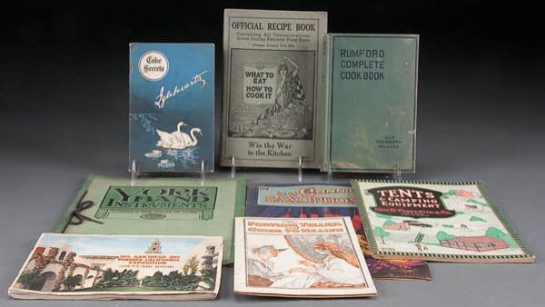 A LARGE VINTAGE COOKBOOK & PROMOTIONAL TRADE PAMP: A LARGE VINTAGE COOKBOOK & PROMOTIONAL TRADE PAMPHLET COLLECTION early to mid 20th century, with many advertising cooking related products and trade cards together with some sheet music, stereoviews, 