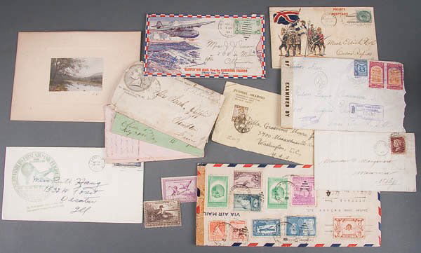 A WALLACE NUTTING HAND TINTED MINIATURE PHOTOGRAP: A WALLACE NUTTING HAND TINTED MINIATURE PHOTOGRAPH together with First Day Covers, Clipper Air Mail, a 1939-1940 Duck Stamp, early Air Mail cancels, and other items. Approx. 25 pieces. Estimate $40-$8
