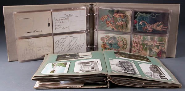 TWO VINTAGE POSTCARD ALBUMS including topical and: TWO VINTAGE POSTCARD ALBUMS including topical and printed street scenes, together with a collection of 32 woven silks. 140 cards total. Estimate $100-$150