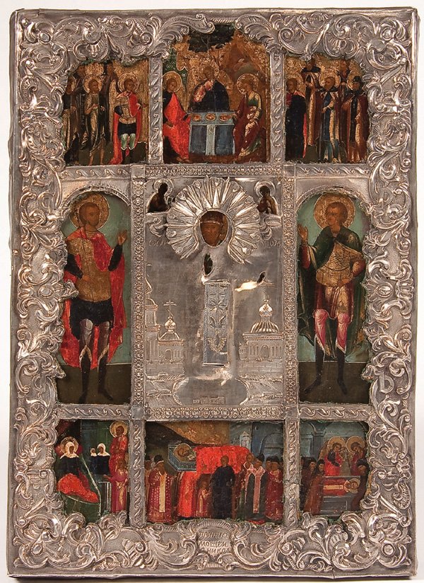 A RUSSIAN ICON OF SELECTED SAINTS, 19TH CENTURY. : A RUSSIAN ICON OF SELECTED SAINTS, 19TH CENTURY. At center, a full-length image of St. Nicholas flanked by the warrior Saints John and Dmitry. At top center the Old Testament Trinity, flanked by a gat