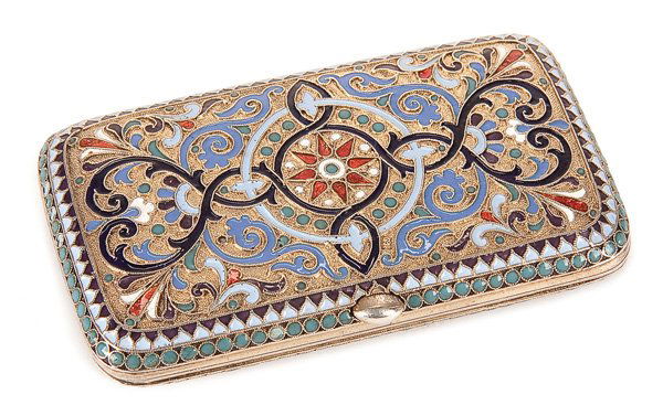 A RUSSIAN SILVER-GILT AND ENAMEL CIGARETTE CASE: A RUSSIAN SILVER-GILT AND CLOISONNE ENAMEL CIGARETTE CASE, GUSTAV KLINGERT. Overall enameled in scrolling foliage and beaded border, Cyrillic maker's mark of Gustav Klingert and later export marks. Le