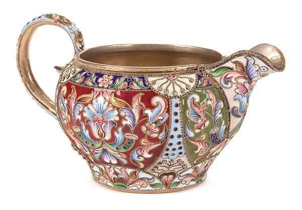 A RUSSIAN SILVER-GILT AND ENAMEL CREAMER: A RUSSIAN SILVER-GILT AND SHADED ENAMEL CREAMER, MARIA SEMENOVA. The entire body with shaded enamel florals and applied silver beading. The loop handle also similarly enameled. Hallmarked Moscow 1908-