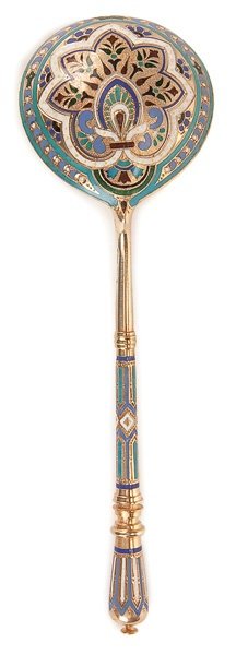 A RUSSIAN SILVER-GILT AND ENAMEL SERVING SPOON: A RUSSIAN SILVER-GILT AND CHAMPLEVE ENAMEL SERVING SPOON, KUZMICHEV, 1888. The bowl with champleve enameled design on a stippled gilt-ground and the strudy handle also enameled. Hallmarked Moscow date