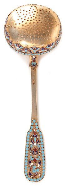 RUSSIAN SILVER-GILT & ENAMEL TEA STRAINER AND SUGA: A RUSSIAN SILVER GILT AND CLOISONNE ENAMEL TEA STRAINER AND SUGAR TONGS, MOSCOW The strainer with Latin maker's mark of Gustav Klingert and 84 standard and the sugar tongs with Cyrillic maker's mark '