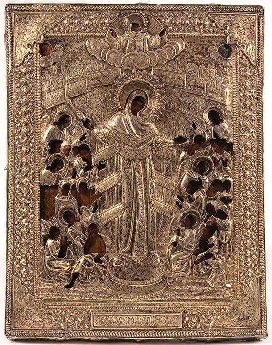 A RUSSIAN ICON OF THE MOTHER OF GOD: A RUSSIAN ICON OF THE MOTHER OF GOD JOY TO ALL WHO SUFFER, CIRCA 1900. At center the Mother of God. She is surrounded by suffering humans with angels amongst them. They hold scrolls with petitions. Ch