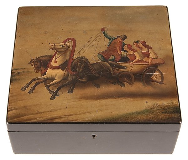 A LARGE RUSSIAN LACQUER BOX, 19TH CENTURY: A LARGE RUSSIAN LACQUER BOX, 19TH CENTURY the hinged lid painted with a troika scene of three young maidens and driver. Interior with maker's stamp of Vishnyakov under the Imperial warrant. Width 7.5 