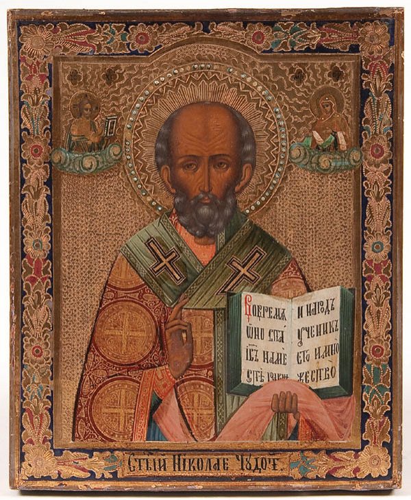 A RUSSIAN ICON OF ST. NICHOLAS, CIRCA 1890. : A RUSSIAN ICON OF ST. NICHOLAS, CIRCA 1890. Incised gilt background and faux enameled borders. 8.5 inches x 7 inches (21.7 x 18 cm). Estimate $300-$500 Euro 200-400
