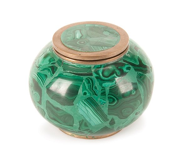 RUSSIAN ORMOLU MOUNTED MALACHITE COVERED INKWELL: A RUSSIAN ORMOLU MOUNTED MALACHITE COVERED INKWELL, 19TH CENTURY. The bulbous form on slightly raised foot and with fitted circular lid. Height 2.25 inches (5.7 cm). Estimate $200-$300 Euro 100-200