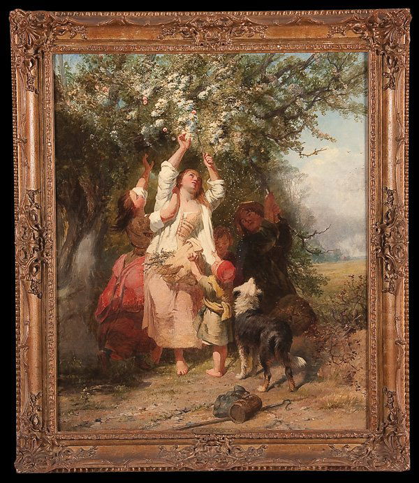 PAINTING BY WILLIAM FREDERICK WITHERINGTON: WILLIAM FREDERICK WITHERINGTON (British 1785-1865) Gathering Spring Blossoms Oil on canvas Apparently unsigned with Frost and Reed gallery label ascribing work to William Frederick Witherington 30 inc