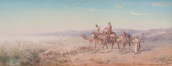 PAINTING BY PAUL PASCAL (French b.1867-c. 1903): PAUL PASCAL (French b.1867-c. 1903) Arab Camel Riders Watering Sheep Watercolor and gouache Signed lower right 9.5 inches x 24.5 inches (24.1 x 62.2 cm) Estimate $1,400-$1,800 Euro 1,000-1,300