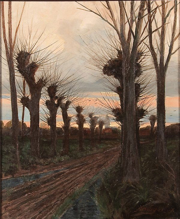 PAINTING: GERMAN SCHOOL (19th century): GERMAN SCHOOL (19th century) Tree Lined Road at Twilight - circa 1890 Oil on canvas Indistinguishably signed lower right 38.25 inches x 31.5 inches (97 x 80 cm) Estimate $250-$500 Euro 200-400