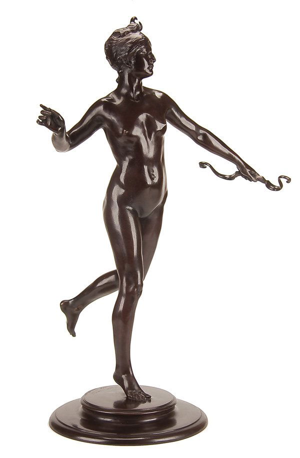 SCULPTURE BY FREDERICK MACMONNIES: FREDERICK MACMONNIES (American 1863-1967) Diana - 1890 Bronze with dark brown patina Signed F. MacMonnies and dated 1890, Copyright 1894. Inscribed Roman Bronze Works - NY and underneath R.B.7 Height