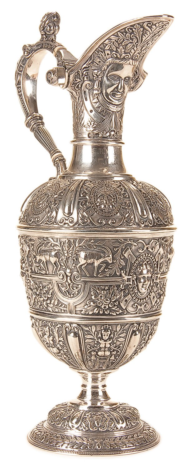 ENGLISH SILVER CELLINI PATTERN PRESENTATION EWER: AN ENGLISH SILVER CELLINI PATTERN PRESENTATION EWER, JASON DIXON & SONS, SHEFFIELD, 1900. Of typical form and decoration chased with animal forms, facial masks and scrolls. Stamped hallmarks. Height 1
