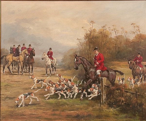 PAINTING BY JONATHAN WELLS-SANDERSON: JONATHAN WELLS-SANDERSON (British 20th century) A Hunt Scene Oil on canvas Signed lower right 20 inches x 24 inches (51 x 61 cm) Estimate $200-$300 Euro 100-200