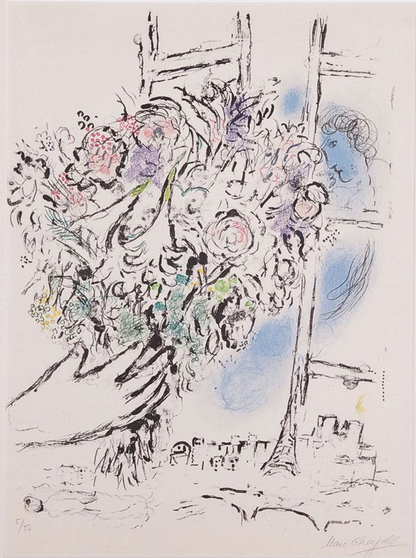 LITHOGRAPH BY MARC CHAGALL (Russian/French 1887-1: MARC CHAGALL (Russian/French 1887-1895) Offering of Flowers - 1964 Color lithograph Signed in pencil lower right and numbered 5/50 lower left, Cat. Rais. Mourlot, 417 Image size 26 inches x 19.25 inch