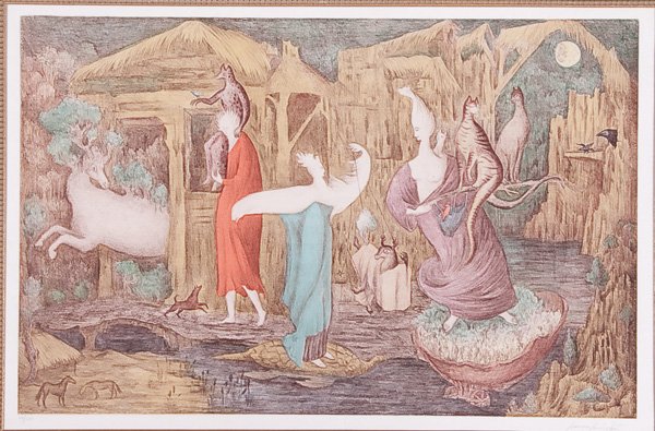 LITHOGRAPH BY LEONORA CARRINGTON: LEONORA CARRINGTON (British b.1917) Tuesday Color lithograph Signed in pencil lower right and numbered 14/150 lower left 20.25 inches x 31.5 inches (51.5 x 81.5 cm) Estimate $1,000-$1,500 Euro 700-1,1