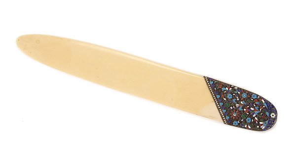 A RUSSIAN SILVER & ENAMEL PAPER KNIFE: A RUSSIAN SILVER AND CLOISONNE ENAMEL MOUNTED PAPER KNIFE, 20TH CENTURY. Apparently unmarked. Length 11.5 inches (29.2 cm). Estimate $200-$300 Euro 100-200