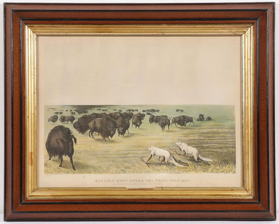 VINTAGE CATLIN BUFFALO HUNT LITHO: VINTAGE CATLIN BUFFALO HUNT LITHO. Comprising an original vintage hand colored lithograph depicting Buffalo Hunt Under the White Wolf Skin, after the original painting by George Catlin, as printed by