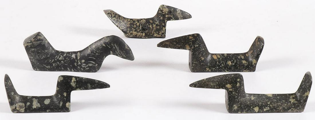 5 PORPHYRY GRANITE BIRD STONES: 5 PORPHYRY GRANITE BIRD STONES. Comprising five finely modeled, polished, porphyry granite bird stones. Three rather convincing with good wear, patination and properly drilled holes, although age unkn