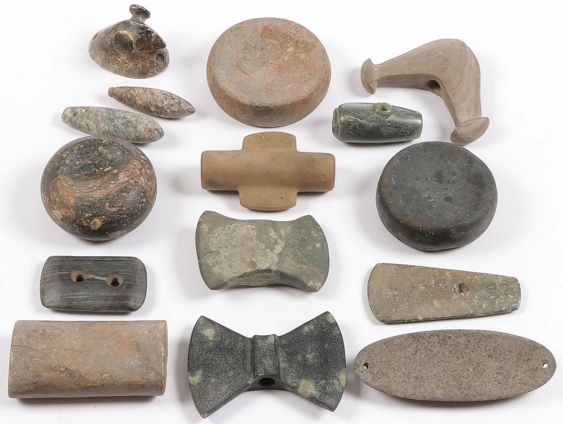 15 POLISHED STONE ARTIFACTS: 15 POLISHED STONE ARTIFACTS. Comprising a good group of fifteen various polished stone artifacts such as, butterfly bannerstone, Popeye bird stone, plumb stones, gorget, three discoidals, as well as o