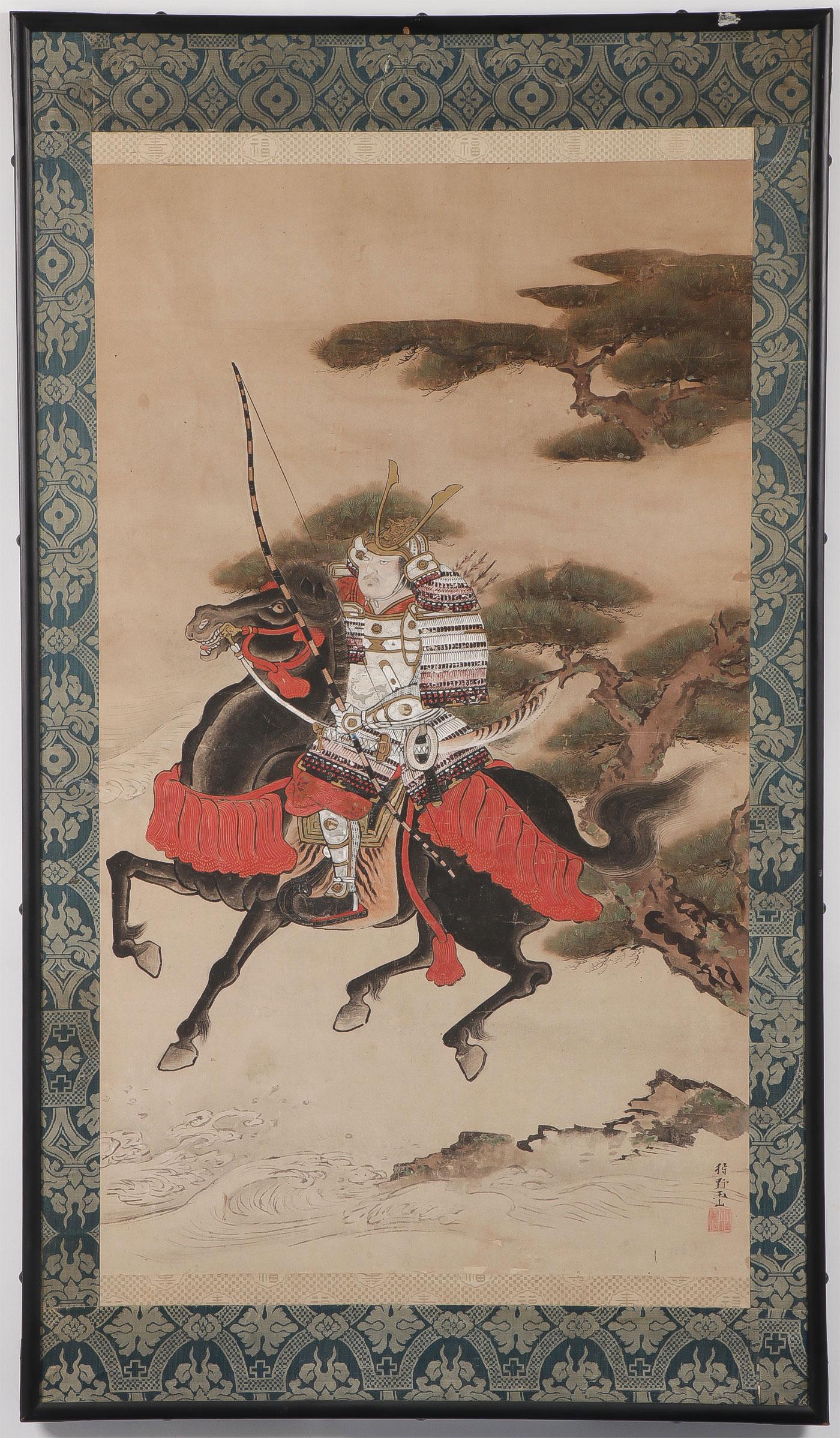 IMPRESSIVE JAPANESE PAINTING OF SAMURAI: IMPRESSIVE JAPANESE PAINTING OF SAMURAI. Comprising a large and impressive, finely painted image of a samurai on horseback in full armor holding bow and exhibiting both his long sword and short sword,