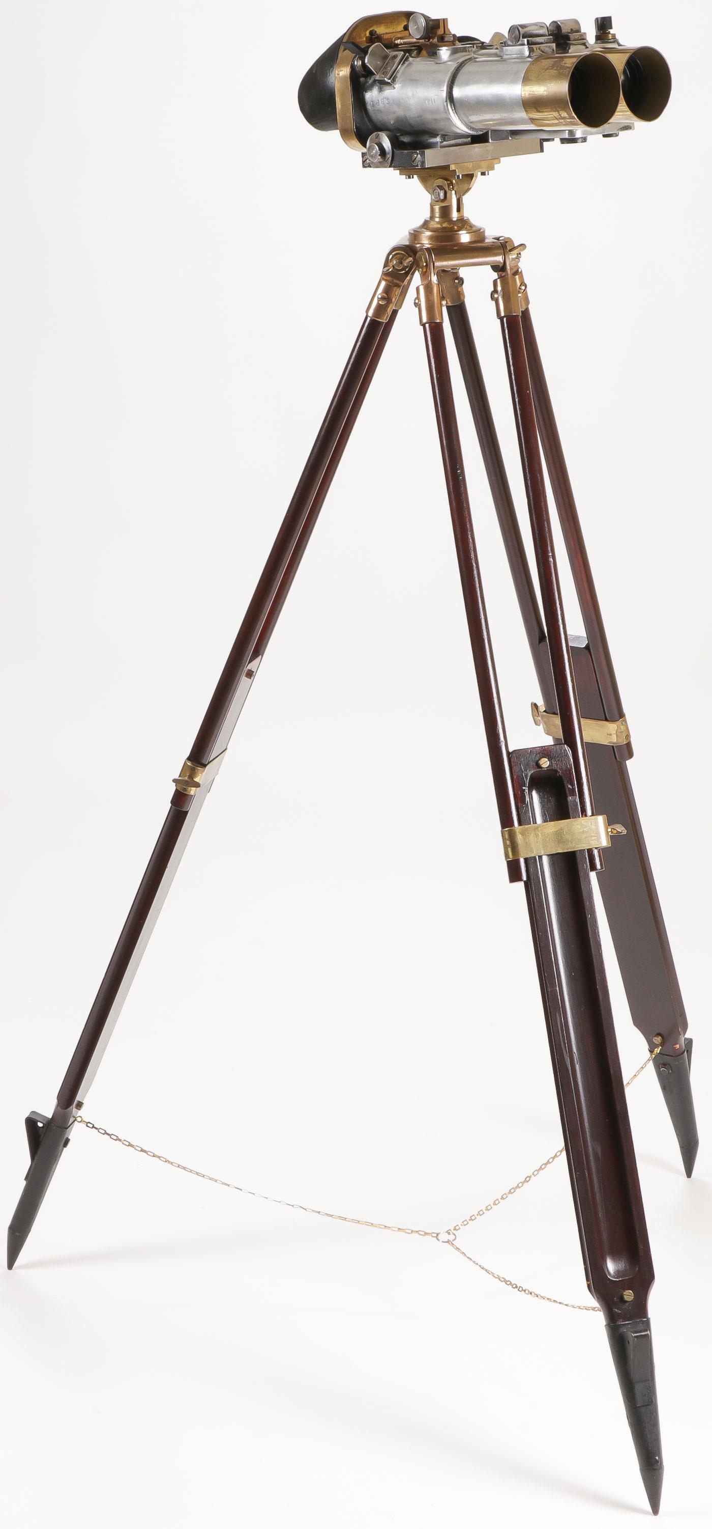 GERMAN WWII FLAK BINOCULARS: GERMAN WWI FLAK BINOCULARS. Comprising a great pair of German military WWII flak binoculars on original tripod base by SRPI Puteaux, Jumelle S. 10 x 60 (54), Type G, No. 11. Aluminum and brass raised 