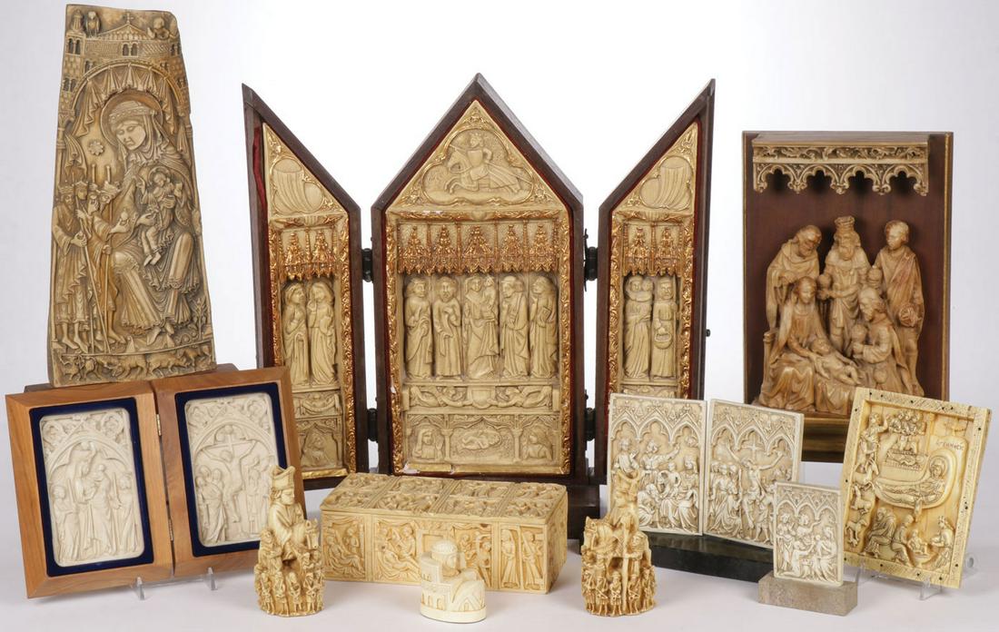 11 PIECE RELIGIOUS DECORATIVE ARTS GROUP: 11 PIECE RELIGIOUS DECORATIVE ARTS GROUP. Comprising ten finely crafted cast-molded faux articles representing Byzantine and Romanesque periods, including one triptych, two diptychs, a covered box, 