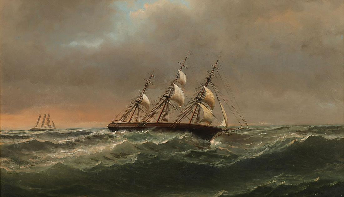 AMERICAN MARINE PAINTING 19TH C: AMERICAN MARINE PAINTING 19TH C. Comprising a well-executed oil on canvas, laid down on board, painting of a three masted sailing ship in turbulent waters. Apparently unsigned and attributed on verso 