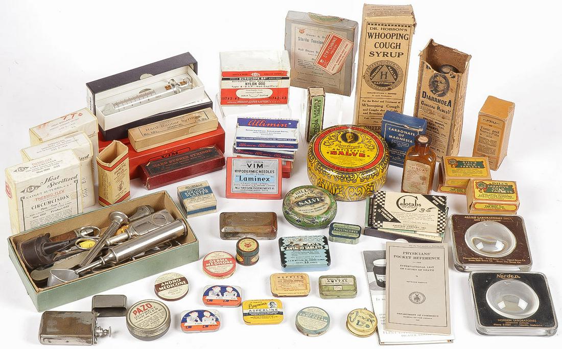 50 VINTAGE MEDICAL RELATED ITEMS: 50 VINTAGE MEDICAL RELATED ITEMS. Comprising a variety of material including Doctor Hopson's Whooping Cough Syrup, in original box, unused, Tonic and Nerve pills, salve tins, laxative tablets, and man