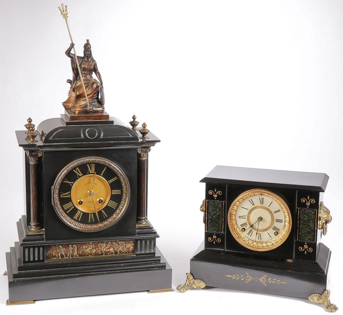 2 ATTRACTIVE MANTEL CLOCKS: 2 ATTRACTIVE MANTEL CLOCKS. Comprising a Pearce and Sons marble case clock with figure of Britannia set atop holding trident above two fluted columns which flank a glazed front opening to reveal face 