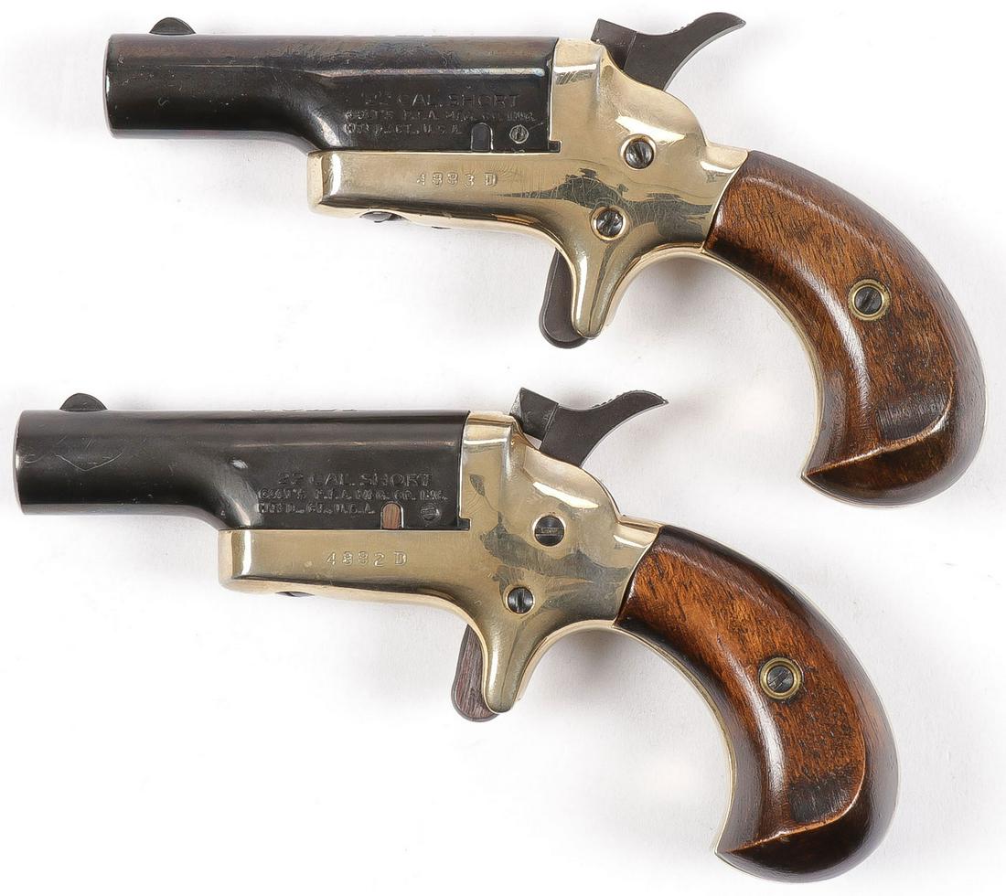 PAIR COLT 3RD M DERINGER REPLICAS: PAIR COLT 3RD M DERINGER REPLICAS. Comprising a pair of Colt single shot .22 cal Deringer pistols with 2.5-inch pivot barrels. SN 4883D & SN 4882D. FFL REQUIRED FOR PURCHASE.SHIPPING NOTICE:Jackson'
