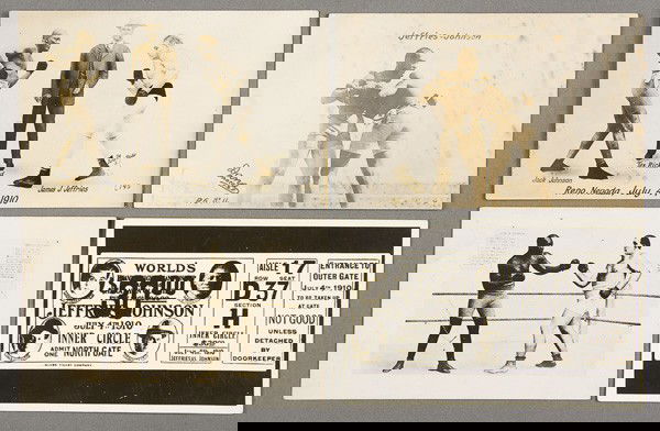 BLACK MEMORABILIA: BOXING REAL PHOTO POSTCARDS: FOUR JACK JOHNSON BOXING REAL PHOTO POSTCARDS circa 1910. One ring-side fight scene by Dana, two promotional staged scenes and one gate ticket facsimile. All postally unused. Azo, Velox and EKC backs.