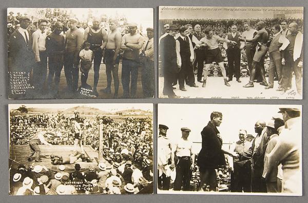 BLACK MEMORABILIA: BOXING REAL PHOTO POSTCARDS: FOUR JACK JOHNSON BOXING REAL PHOTO POSTCARDS early 20th century. Depicting various opponents including two Jess Willard (Havana Cuba 1915), Ketchel and another. By various photographers including Dan