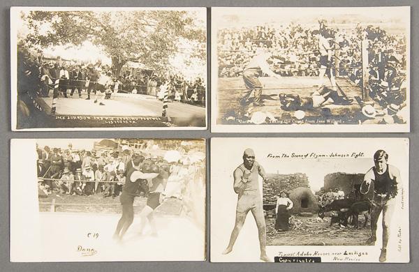 BLACK MEMORABILIA: BOXING REAL PHOTO POSTCARDS: FOUR JACK JOHNSON BOXING REAL PHOTO POSTCARDS early 20th century. Including Jack Johnson and his sparing partner (Las Vegas, NM), Flynn-Johnson fight montage, an unidentified sparing scene by Dana and
