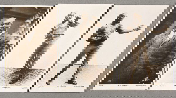 BLACK MEMORABILIA: BOXING REAL PHOTO POSTCARDS: THREE JACK JOHNSON BOXING REAL PHOTO POSTCARDS early 20th century. All commercial portraits by Rotary and Beagles. Postally unused. Very good to excellent condition.