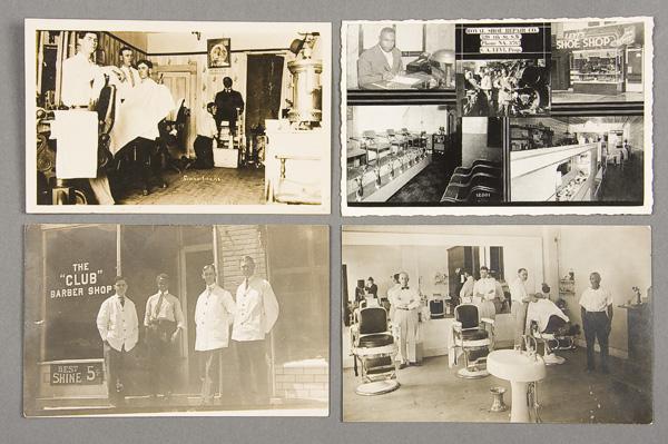 BLACK MEMORABILIA: BARBER SHOP POSTCARDS: THREE BARBER SHOP REAL PHOTO POSTCARDS early to mid 20th century. Each with black attendants. Together with a Levi's Shoe Repair printed scene. All postally unused. Very good to excellent condition.