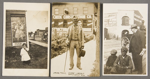 BLACK MEMORABILIA: REAL PHOTO POSTCARD: THREE BLACK RELATED REAL PHOTO POSTCARDS early 20th century. Including a young black girl with minstrel poster and "Jerry Lincoln". Azo, Velox and Karbo backs. Postally unused. Good to excellent condi